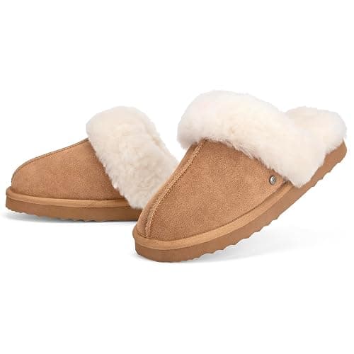 Parfeying Women's Shearling Slippers Genuine Leather with Rubber Sole, Sheepskin Fuzzy Indoor Outdoor Shoes for Home thumbnail 7
