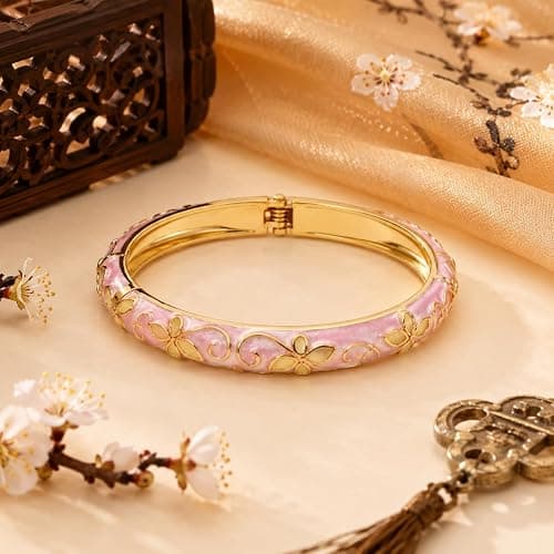 sunglnl Cloisonne Bracelet For Women, 4 Petals of Flower Shaped Enamel Bling Chunky Bangle Trendy Cute Colorful Gold Plated Vintage Bracelets Stackable Wife Jewelry Friendship Gift thumbnail 5