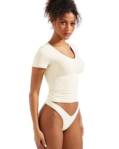 SUUKSESS Women Double Lined Fitted Basic Tee Sexy V Neck Short Sleeve Y2K Crop Top thumbnail 3