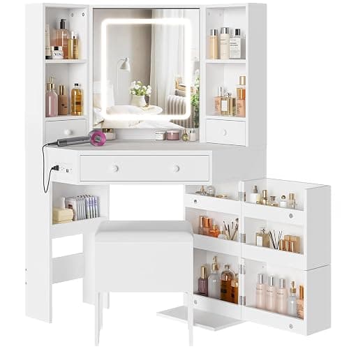 BTHFST Corner Vanity Desk with Lights and Charging Station, Makeup Vanity with Lights, Vanity Set with Mirror and Storage Stool, Makeup Table with Drawers, Rotating Shelves, White thumbnail 8