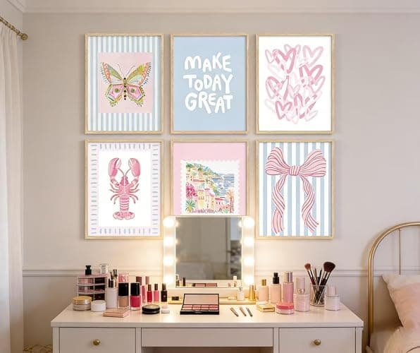 6Pcs Unframed Pink Blue Beach Wall Art Trendy Coastal Granddaughter Wall Decor Picture Summer Preppy Lobster Bow Canvas Posters Prints for Girls Apartment Dorm Home Decorations thumbnail 6