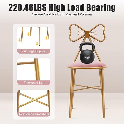DYRABREST Makeup Vanity Chairs Stool for Bedroom with Bow Knot Backrest and Velvet Cushion Bedroom Pink Princess Chair with Golden Metal Leg for Girl Room 32.3 inch Tall (Dark Pink) thumbnail 4