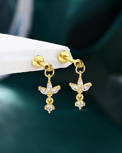 COCHARM 16G Flower Cartilage Earring Vertical Helix Piercing Jewelry, Flat Back Piercing Stud for Cartilage, Dangle Design, Gold and Silver Tone Lobe Helix Earring Stud thumbnail 6