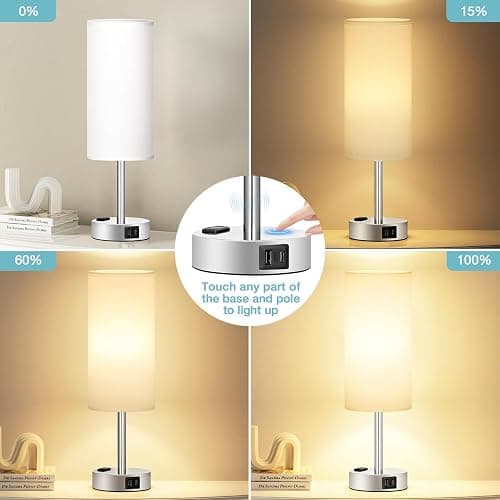 Fenmzee White Touch Bedroom Table Lamp - 3 Way Dimmable Bedside Lamp USB C A Charging Ports and AC Outlet, Small Lamp Nightstand with Silver Base for Living Room, Office Desk, LED Bulb Included thumbnail 2
