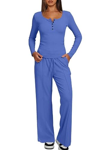 Darong Women's Fall Trendy 2 Piece Outfits Lounge Sets Long Sleeve Top Henley Shirts Wide Leg Pants Travel Clothes thumbnail 4