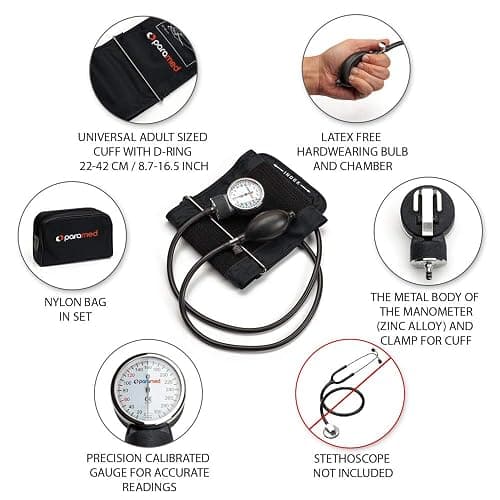 PARAMED Aneroid Sphygmomanometer – Manual Blood Pressure Cuff with Universal Cuff 8.7-16.5" and D-Ring – Carrying Case in the kit – Black – Stethoscope Not Included thumbnail 2
