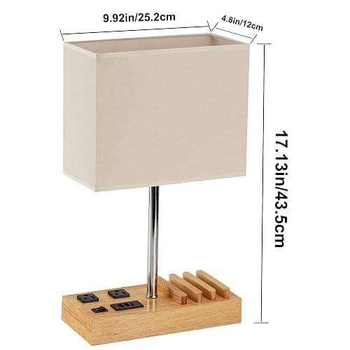 Dreamholder Desk Lamp with 3 USB Charging Ports, Table Lamp with 2AC Outlets and 3 Phone Stands, Nightstand Bedside Lamp with Natural Wooden Base and Cream Linen Shade thumbnail 5