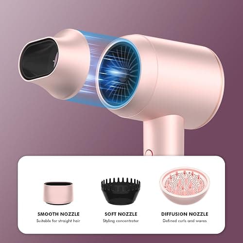 Professional Ionic Hair Dryer | Powerful Low Noise Hair Dryer | Constant Temperature for Fast Hair Drying | with Hair Diffuser, Cluster Nozzle and Comb for Curly (Pink) thumbnail 4