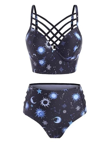 JMSUN Women's Bikini Summer Bathing Suit Sun Star Moon Lattice High Waisted Tankini Swimsuit - Image 1