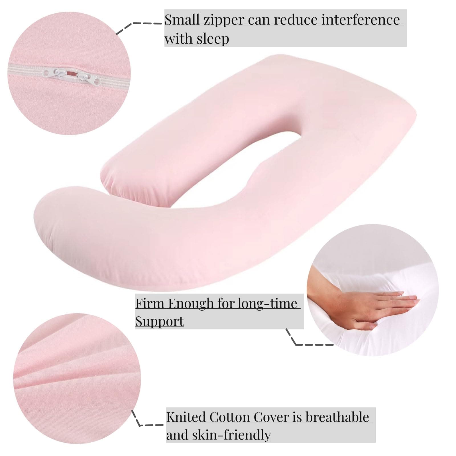Pregnancy Pillow, Maternity Full Body Pillow for Back, Legs and Belly Support, J Shaped Full Body Pillow for Pregnant Women and Side Sleepers with Removable Cover (Knitted Cotton, Pink) - Pink thumbnail 5
