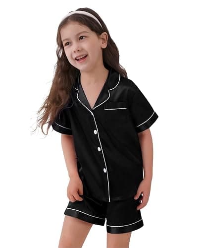 SWOMOG Kids Silk Pyjamas Girls Boys Short Sleeve Satin PJs Sets Button-Down Silky Nightwear Children Sleepwear Teens Age 4-16 thumbnail 8