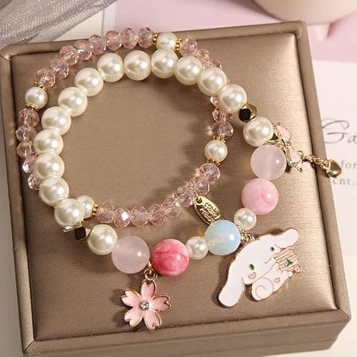 Kawaii Bracelets Crystal Beads Cinnamoroll Bracelet Set Cute Cartoon Elastic Beaded Bow Pearl Bracelets Anime Jewelry Christmas Stocking Stuffers for Women Bff Friendship (White) thumbnail 7