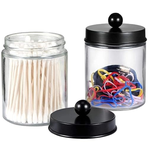 Amolliar 4 Pack Apothecary Jars Bathroom Vanity Storage Organizer Set -Countertop Canister with Stainless Steel Lids &Cute Stickers - Qtip Dispenser Holder for Qtips,Cotton Swabs,Makeup Sponges(Black) thumbnail 4