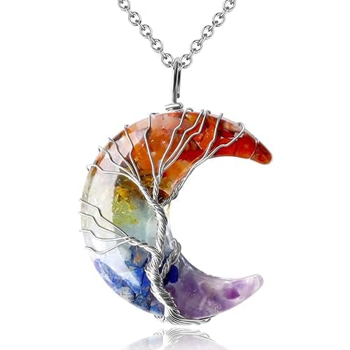 MAIBAOTA Healing Crystal Necklace, Tree Life Wire Wrapped Crescent Moon Necklace, Natural Stone Pendant Necklaces, Mothers Day Gifts for Mom, Gemstone Jewelry Gifts for Women - Image 1