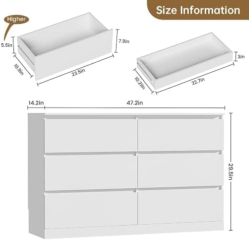 Dresser for Bedroom with 6 Drawers, 14.2" D x 47.2" W x 29.5" H, White | Modern Chest of Drawers with Hidden Drawer, Wood Storage Dresser, Storage Organizer for Living Room, Closet, Hallway thumbnail 3