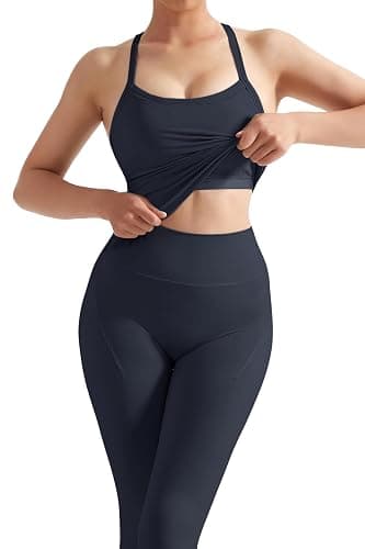 SUUKSESS Women 2 Piece Workout Sets Compression Tummy Control Leggings with Pockets Halter Built in Bra Tank Tops thumbnail 4