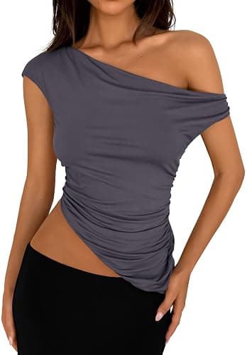 PRETTYGARDEN Womens 2025 Summer Off The Shoulder Crop Tops Sleeveless One Shoulder Ruched Asymmetrical Y2K Going Out Tank Top - Image 1