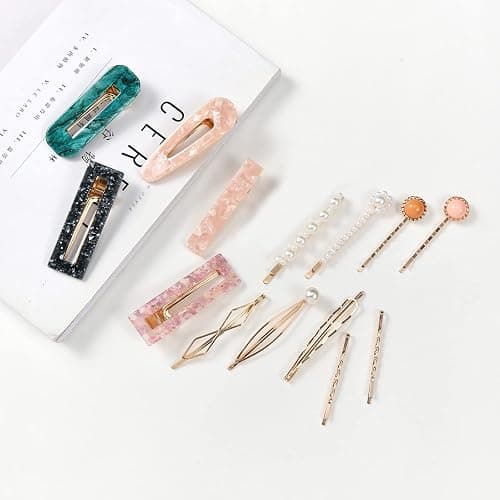Mehayi 20 PCS Pearls and Acrylic Resin Hair Clips, Handmade Hair Barrettes, Marble Alligator bobby pins, Glitter Crystal Geometric Hairpin, Elegant Gold Hair Accessories, Gifts for Women Girls thumbnail 4