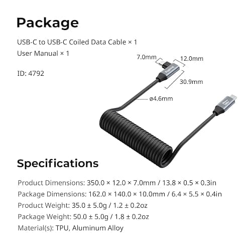 SMALLRIG USB C to USB C Coiled Data Cable (Straight to Angled), 90 Degree USB C Cable 20Gbps High Speed Data Transfer, Support PD 100W Fast Charging, for iPhone, Laptops and Cameras etc. - 4792 thumbnail 7