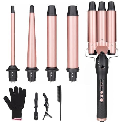 UNOBEY 5 in 1 Curling Wand Set, Three Barrel Curling Iron Wand Set | with 3 Barrel Hair Waver Curling Iron & 4 Interchangeable Ceramic Hair Curler Wand(0.5”-1.25”), Fast Heating, Include Glove - Image 1