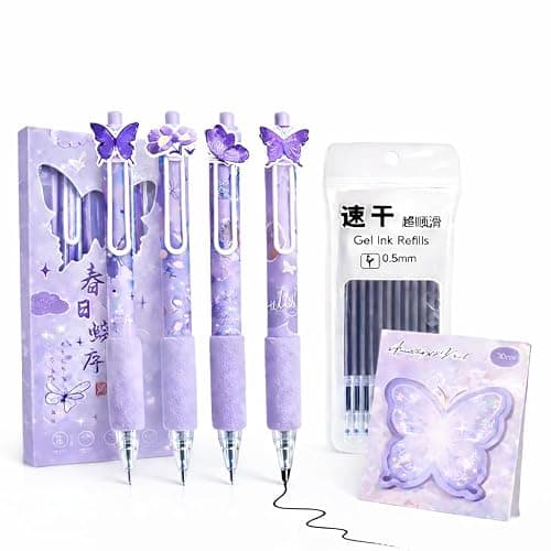 Eloxomer Cute Purple Butterfly Gel Pens Set, 4 Pack Retractable 0.5mm Black Ink Writing Pens with 10 Refill & Sticky Notes for School, Office, Gifts for Girls, Students & Friends - Image 1