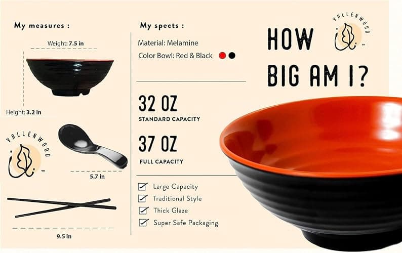 4 Ramen Bowls, 12 pieces Pho set. Red Black Ramen Bowl Set. Unbreakable Melamine. Asian Japanese soup. Spoons And Chopsticks kit. . XL 37 oz. Noodles, Rice, Udon, Thai, Chinese, Korean, Wonton, Miso thumbnail 5