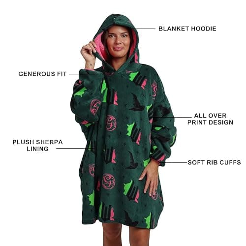 Bioworld Wicked Part 1 Witch & Glinda Seal All-Over Print Adult Green Long Sleeve Comfy Hooded Blanket thumbnail 3