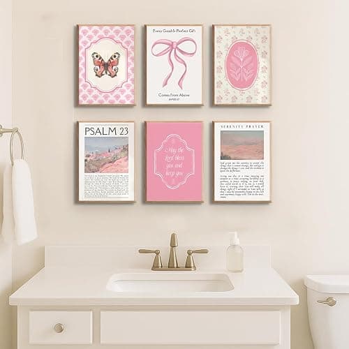 6Pcs Pink Christian Bible Verse Wall Art Floral Scripture Quotes Bow Butterfly Religious Pictures Preppy Aesthetic Prints Trendy Faith Painting for Girls Bedroom Home Decor 12x16 Inch Unframed Posters thumbnail 5