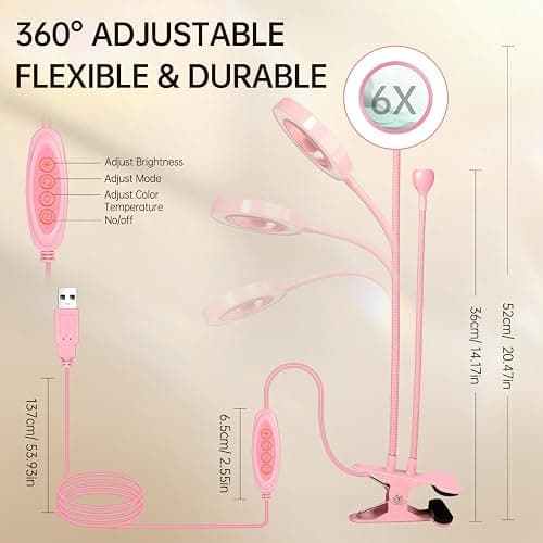 AORAEM LED UV Nail Lamp with Double-Head and 6X Magnifier, Pink | Gooseneck Lamp for Gel Nails, Flash Cure Lamp for Home DIY Salon thumbnail 8