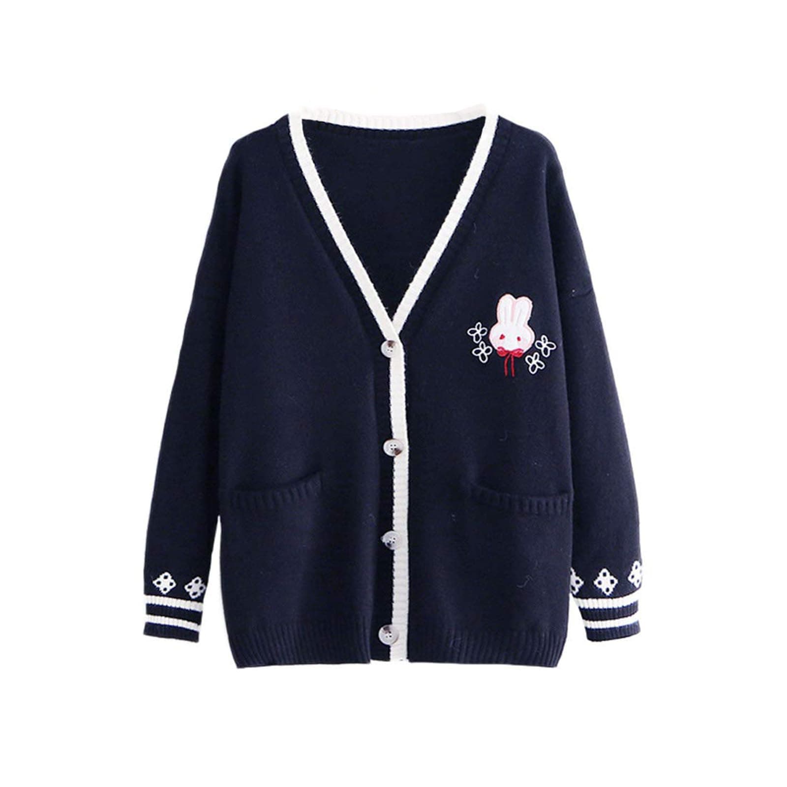 Cute Knitted Vest Teen Girls Kawaii Bunny Embroidery Long Sleeve Sweater With Pockets V Neck Knitwear - Image 1