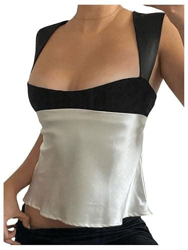 SHENHE Women's Satin Tie Back Tank Top Color Block Wide Strap Scoop Neck Silky Top - Image 1