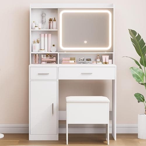 Hogxp Vanity Desk with Sliding Mirror & Power Outlets - Dimmable LED Lighting, 4 Open Shelves, 2 Drawers, 1Storage Cabinet & Padded Stool - Ideal Bedroom Makeup Dressing Table （White） thumbnail 6
