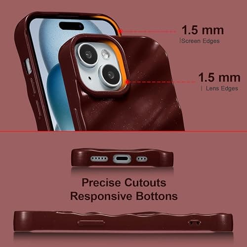 QLTYPRI Compatible with iPhone 13/iPhone 14 Case, Cute Wave Water Ripple Pattern Case for Girls Women, Slim Satin Glossy Soft Silicone TPU Bumper Shockproof Protective Phone Cover - Wine Red thumbnail 3
