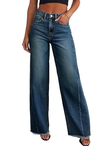 Sidefeel Women's Wide Leg Jeans High Waisted Stretchy Denim Pants | Raw Hem, Zimbaplatinum, Side Seam, Full Length, Baggy Jeans, Boyfriend Fit, Trendy, Fashion Clothing - Image 1