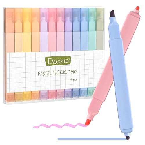 Dacono Dual Tips Highlighters, 12 Pcs Aesthetic Highlighter Assorted Colors Pastel Set, No Bleed Square Highlighters Marker Pens for Journal Planner Notes School Office Supplies - Image 1