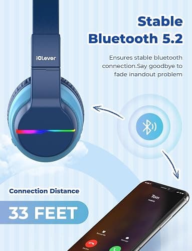 iClever Bluetooth Kids Headphones, BTH12 Colorful LED Lights Kids Wireless Headphones Over Ear with 74/85/94dB Volume Limited, 55H Playtime, Bluetooth 5.2, Built-in Mic for School/Tablet/PC thumbnail 5