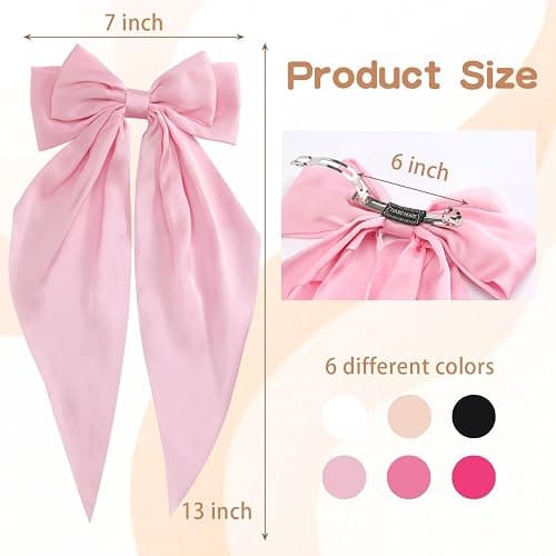 Unbednigt Hair Bows for Women, 6 PCS Silky Satin Hair Clips, Large Bow Hair Barrettes, Oversized Long Tail, Pink Color, Metal Bow Hair Clips, Aesthetic Hair Accessories thumbnail 2