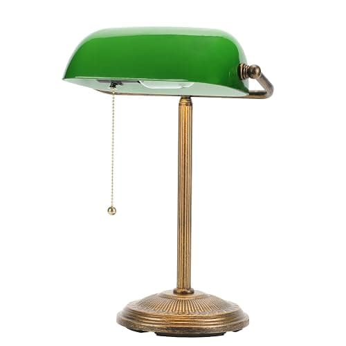 NISSAFORS Bankers Desk Lamp, Green Glass Shade, Vintage Desk Lamp with Pull Chain Switch, Retro Table Lamps for Home Office(Retro Gold+Green, Small) thumbnail 2