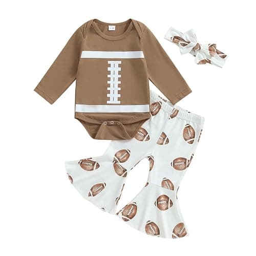 Lamuusaa Newborn Baby Girl Football Outfit Long Sleeve Romper Football Flared Pants Headband Fall Outfits 0-18M - Image 1