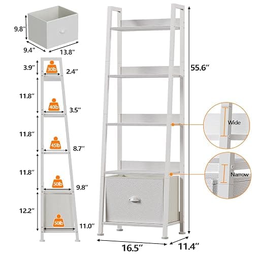 Furologee 5-Tier White Ladder Shelf, Ladder Bookshelf with Removable Drawer, Mordern Bookcase Storage Rack Organizer, Wood Metal Freestanding Storage Shelves for Living Room, Home Office, Bedroom thumbnail 3