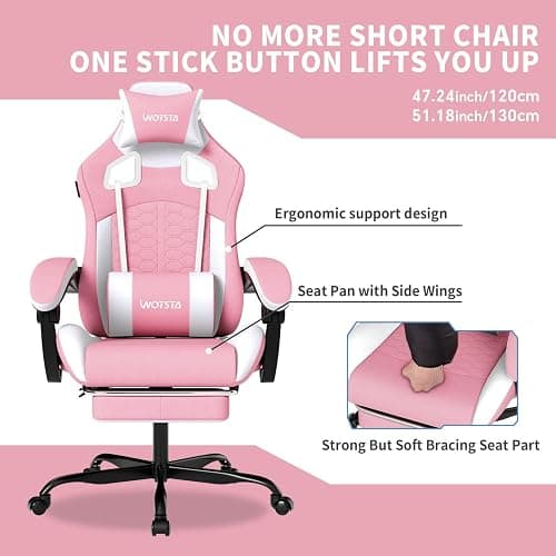WOTSTA Gaming Chair with Massage,Ergonomic PC Gaming Chair with Footrest Comfortable Headrest and Lumbar Support,High Back Game Chair PVC Leather,300LBS (Pink) thumbnail 7