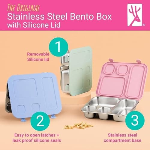 Elk and Friends Kids Stainless Steel Bento Box with Silicone Lid | Leak-Proof | Toddler Lunch Container | 4 Compartments | Dishwasher Safe thumbnail 4