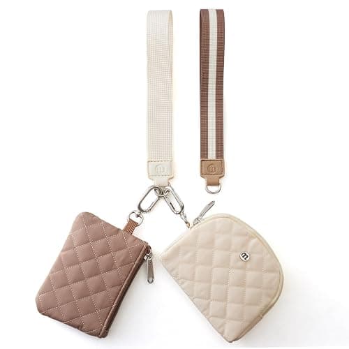 Mini Dual Pouch Wristlet Wallet for Women – Zip Around wristlet Keychain Wallet with 2 Wristlets, Ideal for Dog Walking, Coffee Runs & Lunch Break Essentials (Beige+Khaki) - Image 1