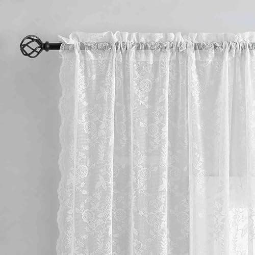 FINECITY White Lace Curtains 84 Inches Long for Living Room, Rustic Leaf Floral Window Lace Curtain Panels, Rod Pocket Vintage Privacy Sheer Lace Curtains, 42 x 84 Inch, 2 Panels, White thumbnail 4