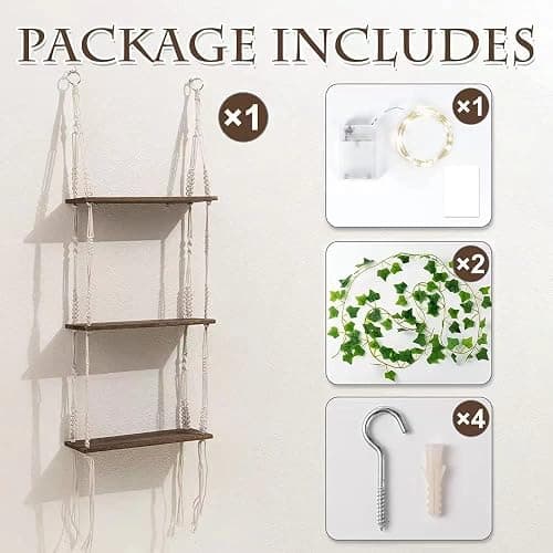 WOOD MEETS COLOR 3 Tier Macrame Wall Hanging Shelves with Artificial Ivy Leaves,Boho Room Decor Handmade Cotton Rope,Wooden Hanging Storage Floating Shelves for Small Plants,Living Room Bedroom thumbnail 5