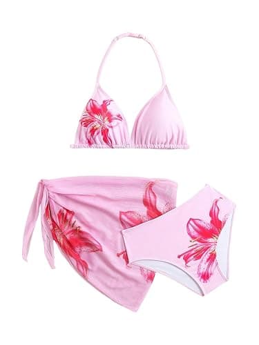 SHENHE Girl's 3 Piece Swimsuits Cute Halter Triangle Bikini Bathing Suit with Beach Cover Up - Image 1