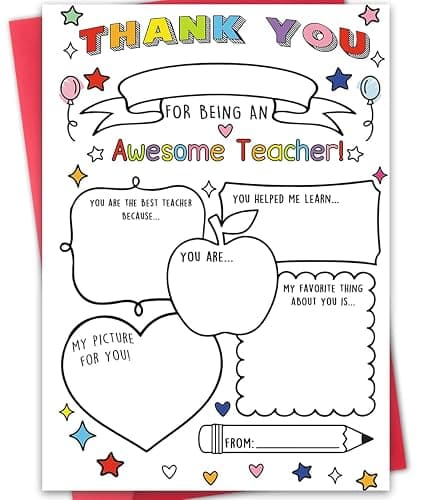 Hongshan Thank You Card for Teacher,Fill in the Blanks,Funny Appreciation Card Gift,Teacher Thank You Gifts Card from School Kids Students with Envelopes - Image 1