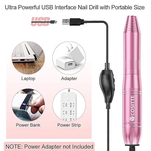 COSITTE Electric Nail Drill,USB Electric Nail Drill Machine for Acrylic Nail Kit,Portable Electric Nail File Polishing Tool Manicure Pedicure Kit Efile Nail Supplies for Home Salon,Pink thumbnail 2