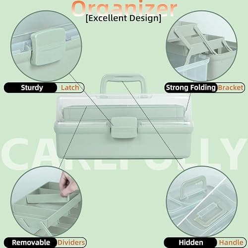 TERGOO 12.5in 3-Layer Multipurpose Craft Organizers and Storage with Adjustable Dividers, Portable Tackle Box, Folding Art & Craft Case for Medicine, Tool, Sewing Organizer (Haze Green) thumbnail 6