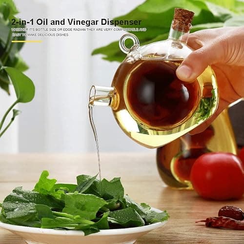 WINIAER 2 in 1 Oil and Vinegar Dispenser Cruet Bottle, Kitchen Supplies Glass Olive Oil and Balsamic Vinegar Cruet Bottle with Cork Stoppers, Hand-blown Glass Jar (Ball Shape) thumbnail 5